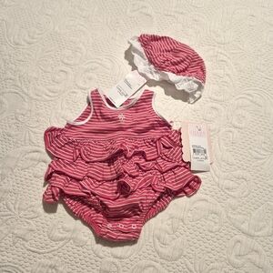 Chaps girls 0-3 months romper with matching hat red & white stripe NWT